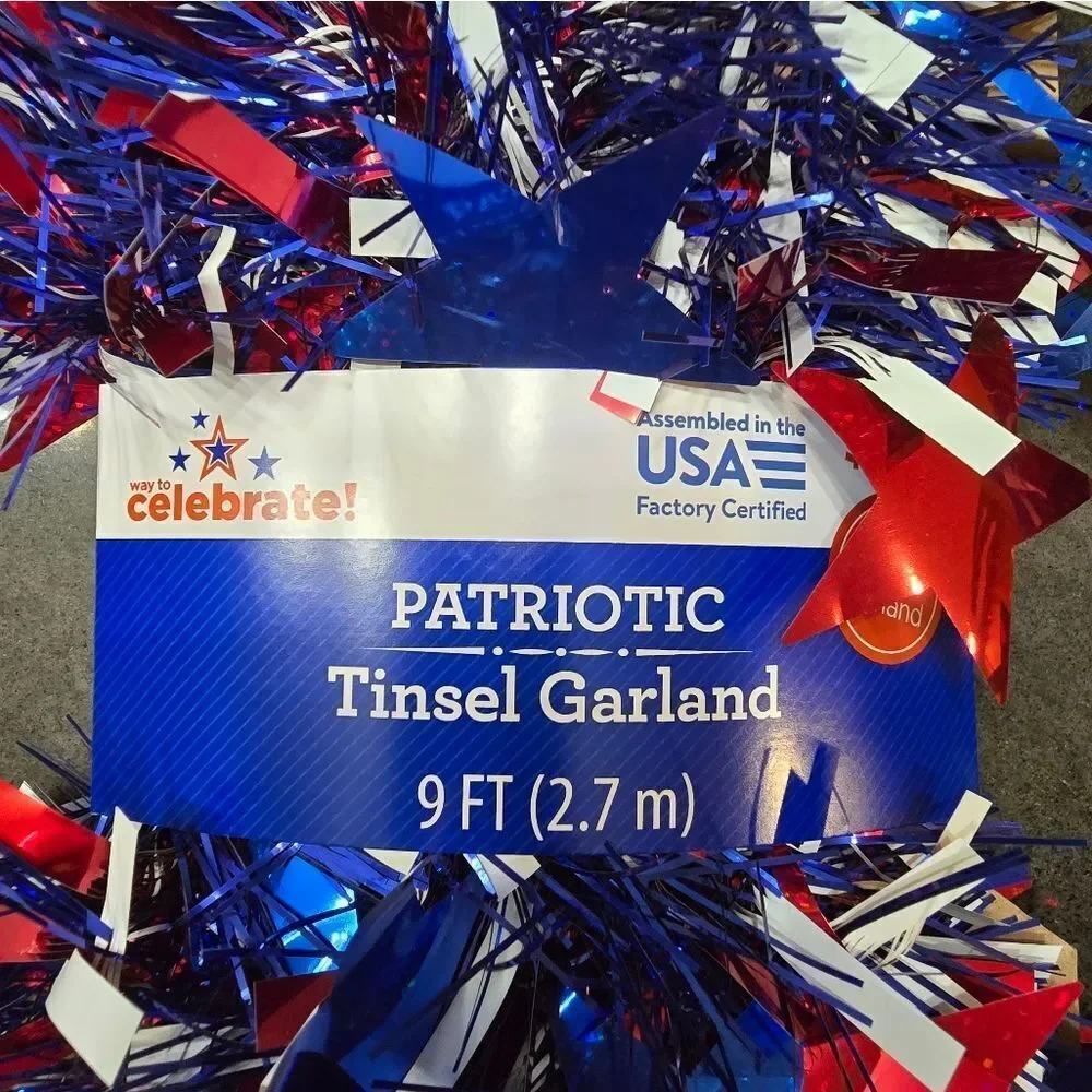 New American 4th of July Patriotic Tinsel garland bundle of 2, 9 ft each